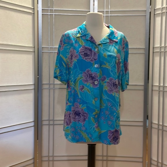 TROPICAL Blouse - Blue/Purple/Green with Flowers - Picture 1 of 5